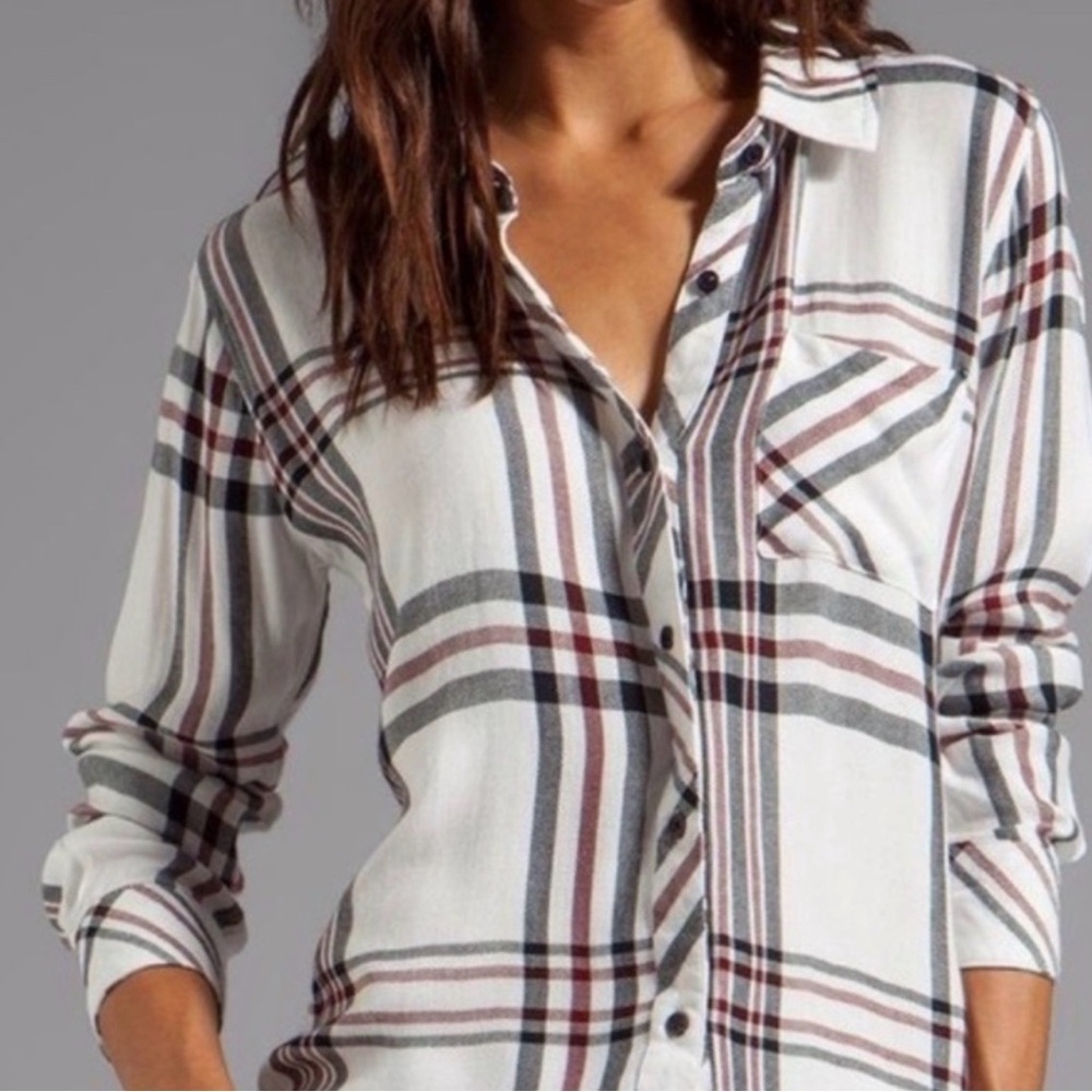 Rails White Plaid Button-Down Shirt with Gray and Brown Stripes